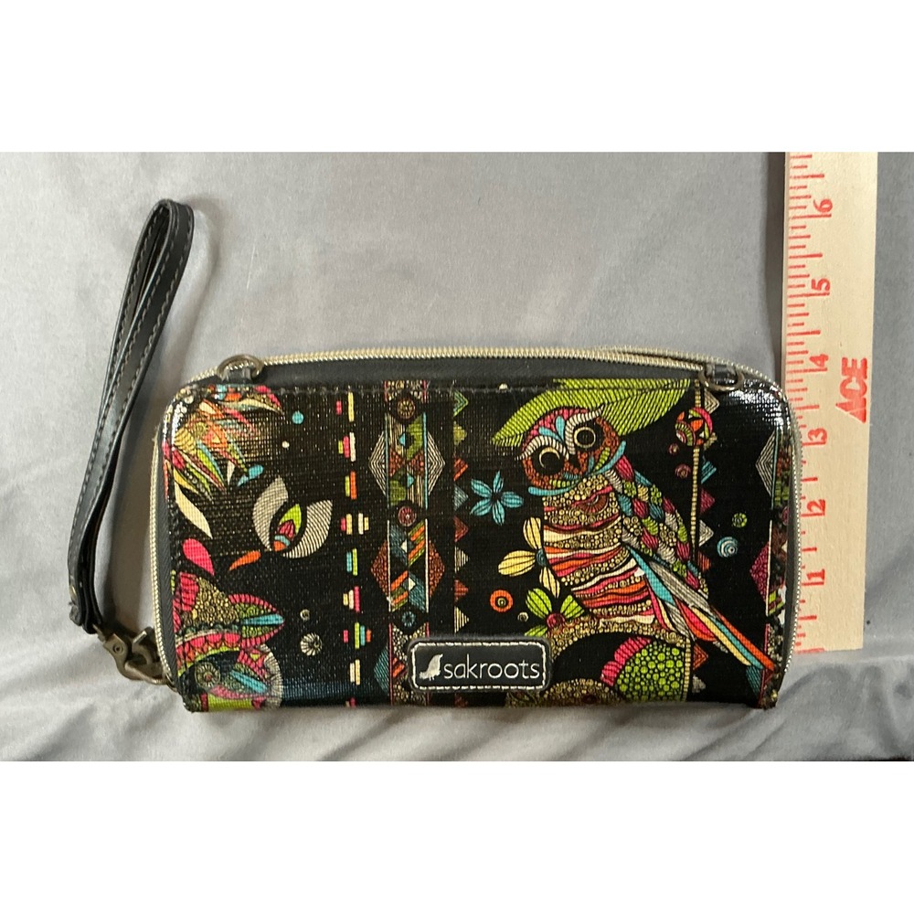Sakroots Owl Print Wristlet Wallet Black Multi Color Coated Canvas Zip Around